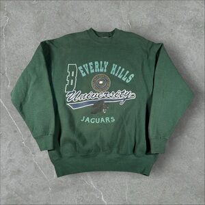 Vintage Beverly Hills University Sweatshirt‎ Mens XL Green 90s Crew Flock Print
